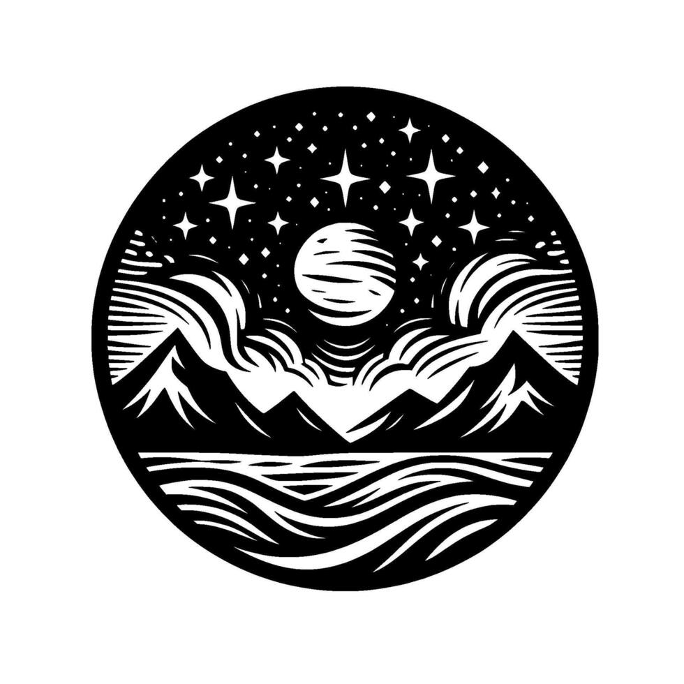 A circular, minimalist black and white illustration of a night landscape depicting mountains, a body of water, and a starry night sky with a full moon. vector