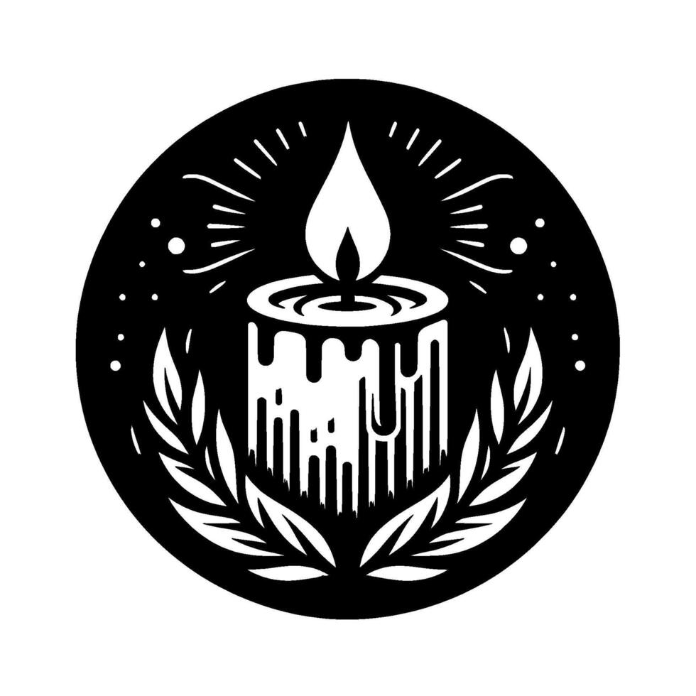 Black and White Candle in Circle, With Olive Branches, Flame, and Decorative Drips vector