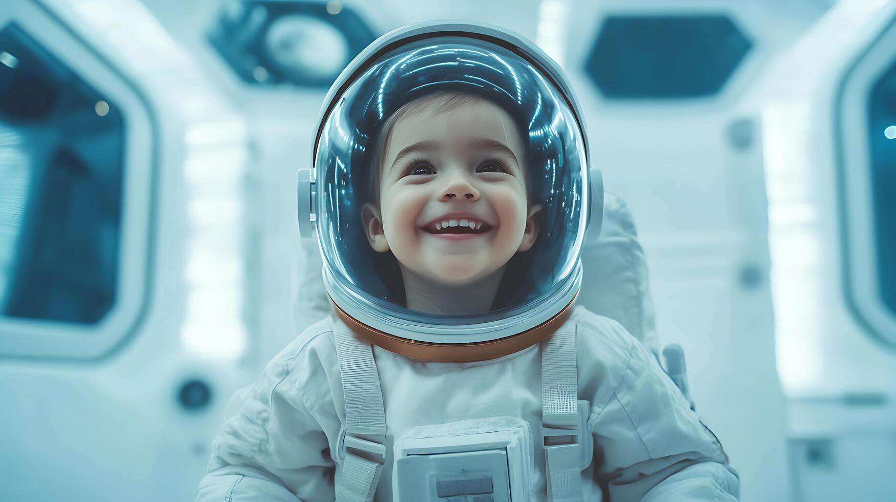 A young child clad in a spacesuit and helmet smiles brightly gazing upwards with wonder The astronaut suit is white and the background is bright photo