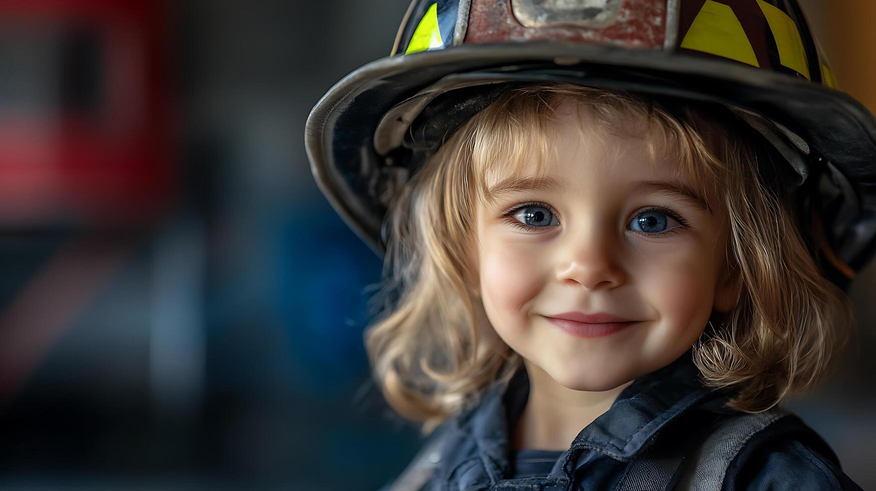 Young child dressed in firefighter gear showcasing bravery and innocence in a heartwarming portrait evoking inspiration and community spirit photo