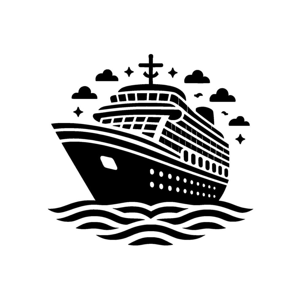 Black and White Cruise Ship Silhouette on Water with Clouds, Stars and Cross, Nautical vector
