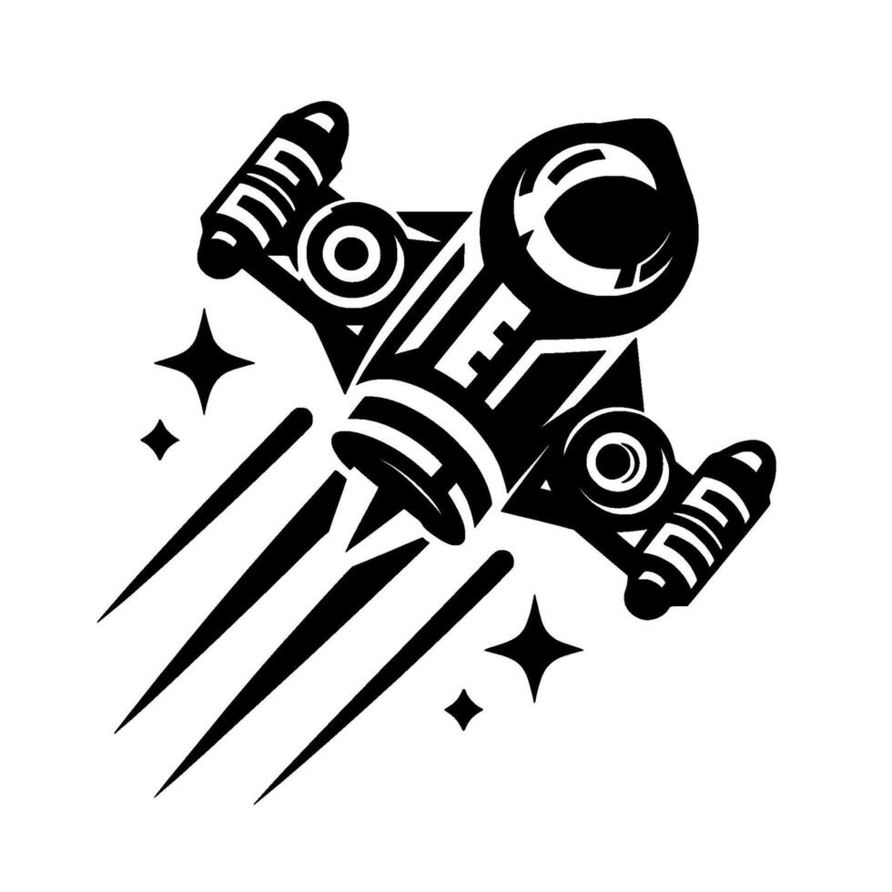 illustration of a sleek black and white spaceship with the letter E, trails, and star accents, evoking speed and future travel. vector