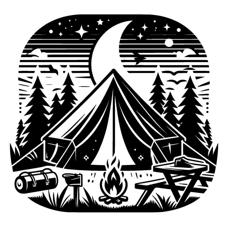 Silhouette of a moonlit campsite with a tent, campfire, picnic table, and starry sky, creating a tranquil monochrome scene. vector