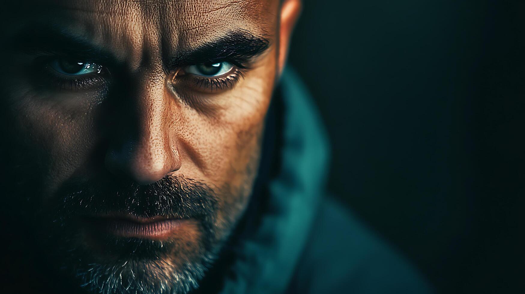Intense portrait of a man with a weathered face and piercing eyes bathed in dramatic shadowed lighting for a gritty cinematic feel photo