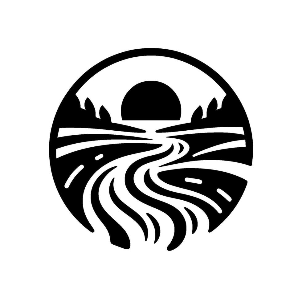 Black and White Circular Landscape Illustration Winding River, Sunset, Trees, Fields, and Minimalist Aesthetic. vector