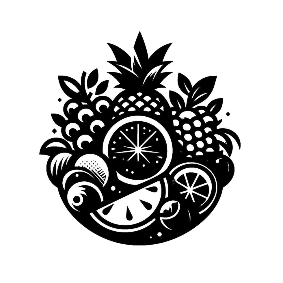 Stylized Black and White Fruit Bowl Composition Featuring Pineapple, Grapes, Oranges, Lemons, Watermelon Slice. vector