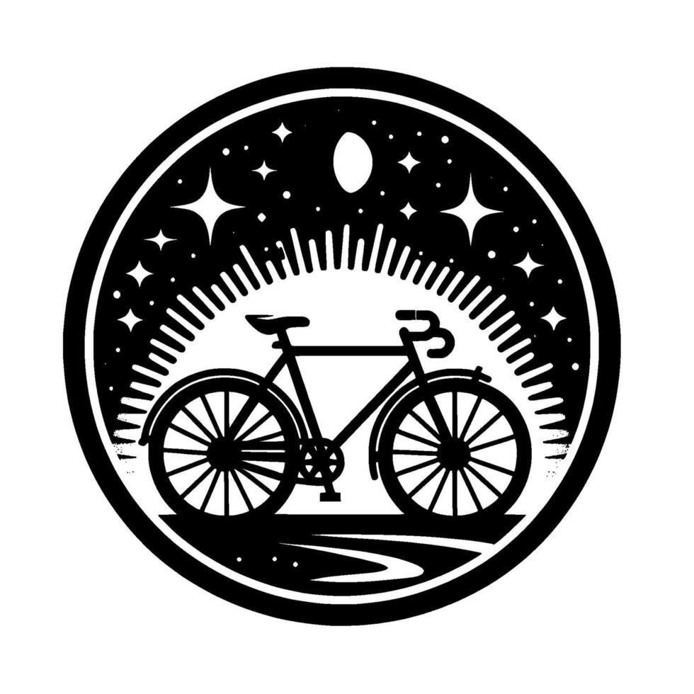 Black and white minimalist bicycle set against a starry night sky within a circular frame, evoking adventure. vector