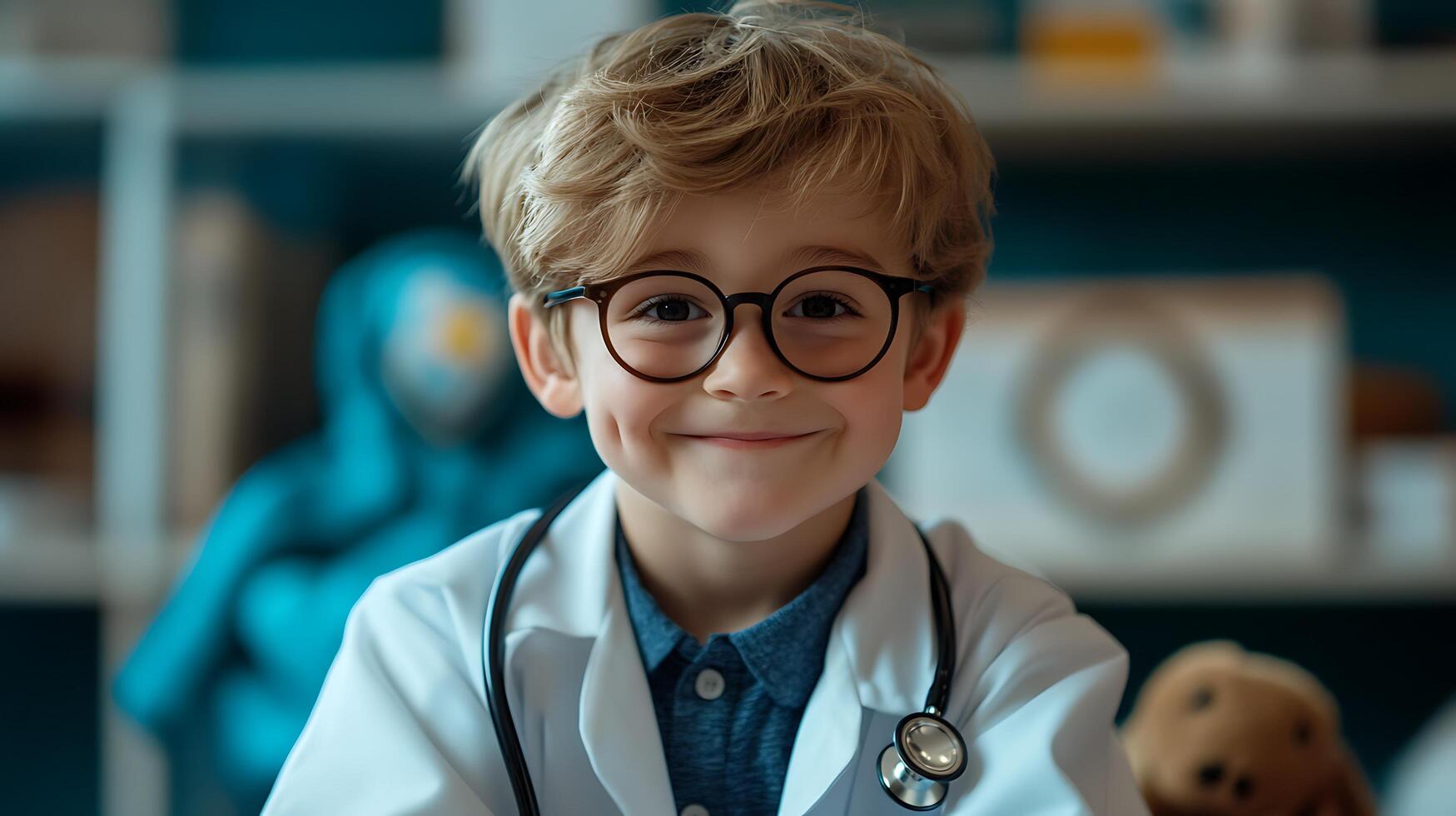 Young child dressed up in a white coat with a stethoscope pretending to be a doctor with a cute smile and round glasses photo