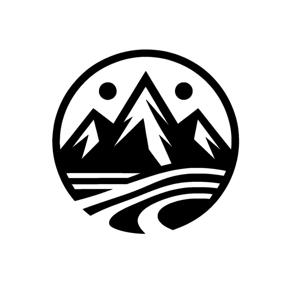 Circular monochrome featuring mountain peaks, two simple figures, a stylized river, and a winding road, all in a minimalist . vector