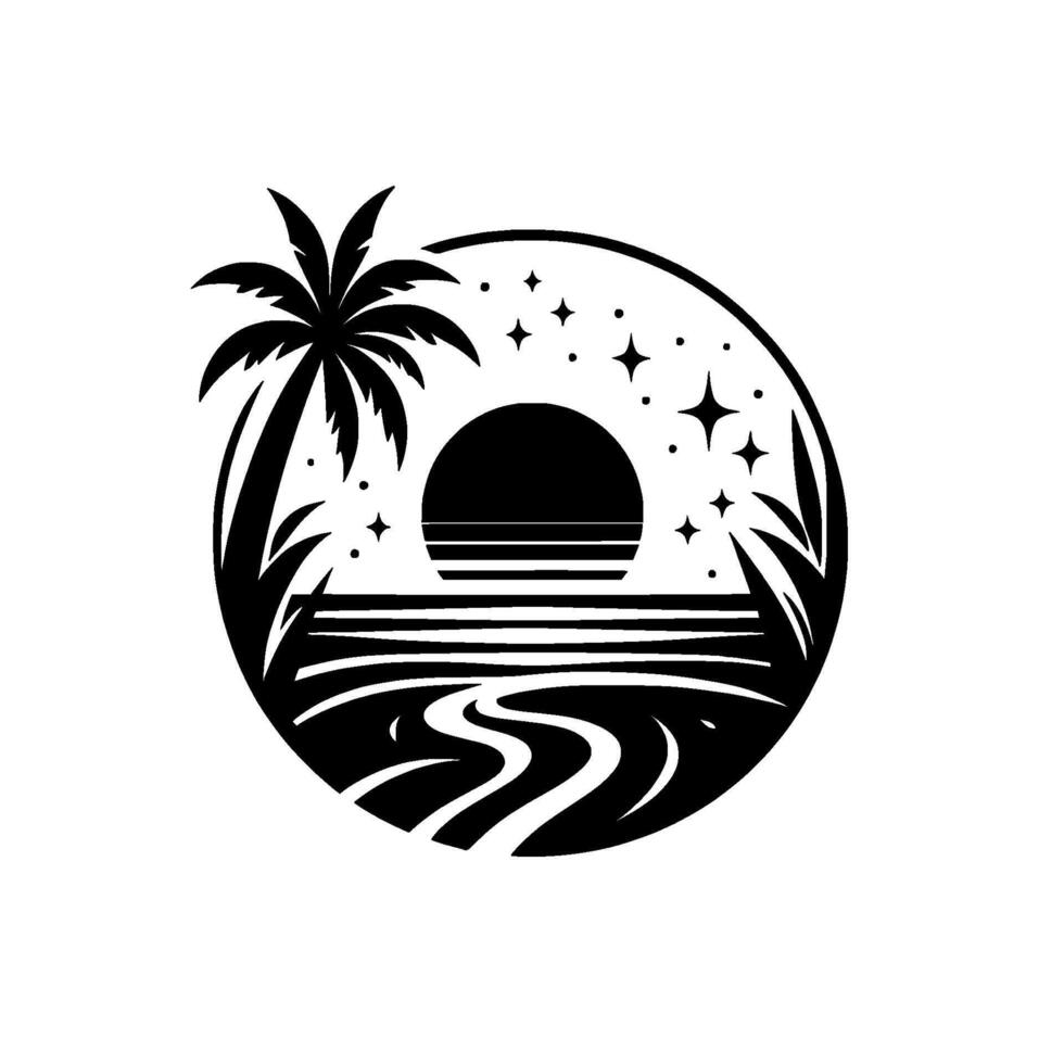 Minimalist Black and White Sunset Scene with Palm Tree, Waves, and Stars in a Circular Frame, Evoking Serenity. vector