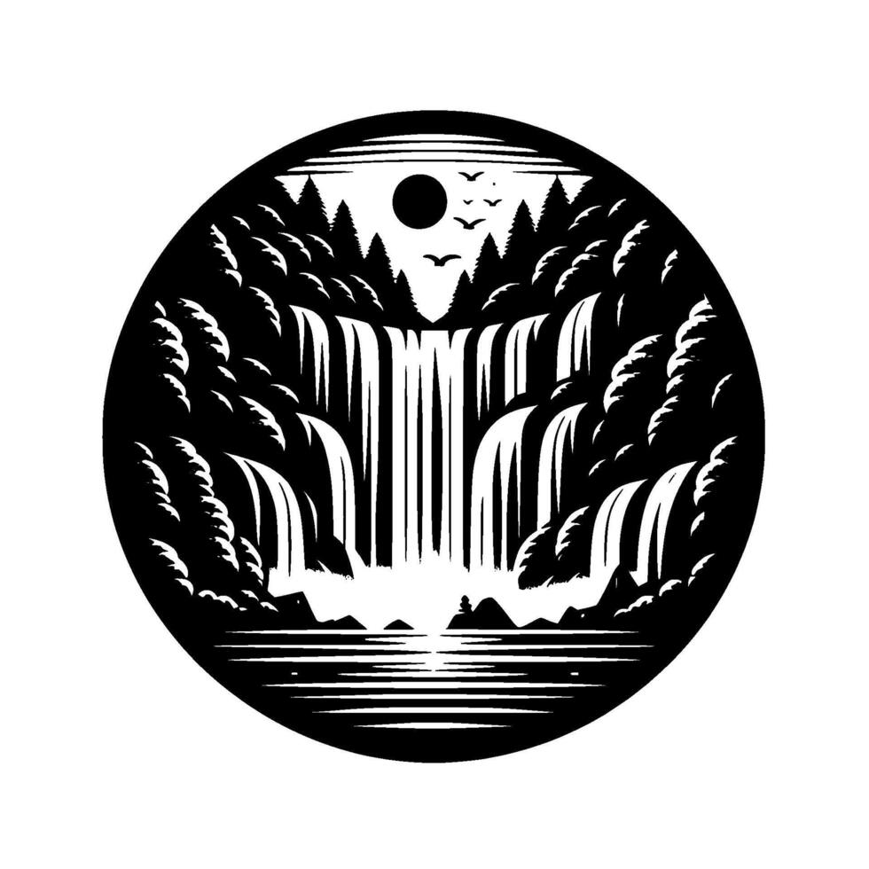 Black and white circular minimalist illustration depicting cascading waterfalls, forest, moon, birds, and still water. vector