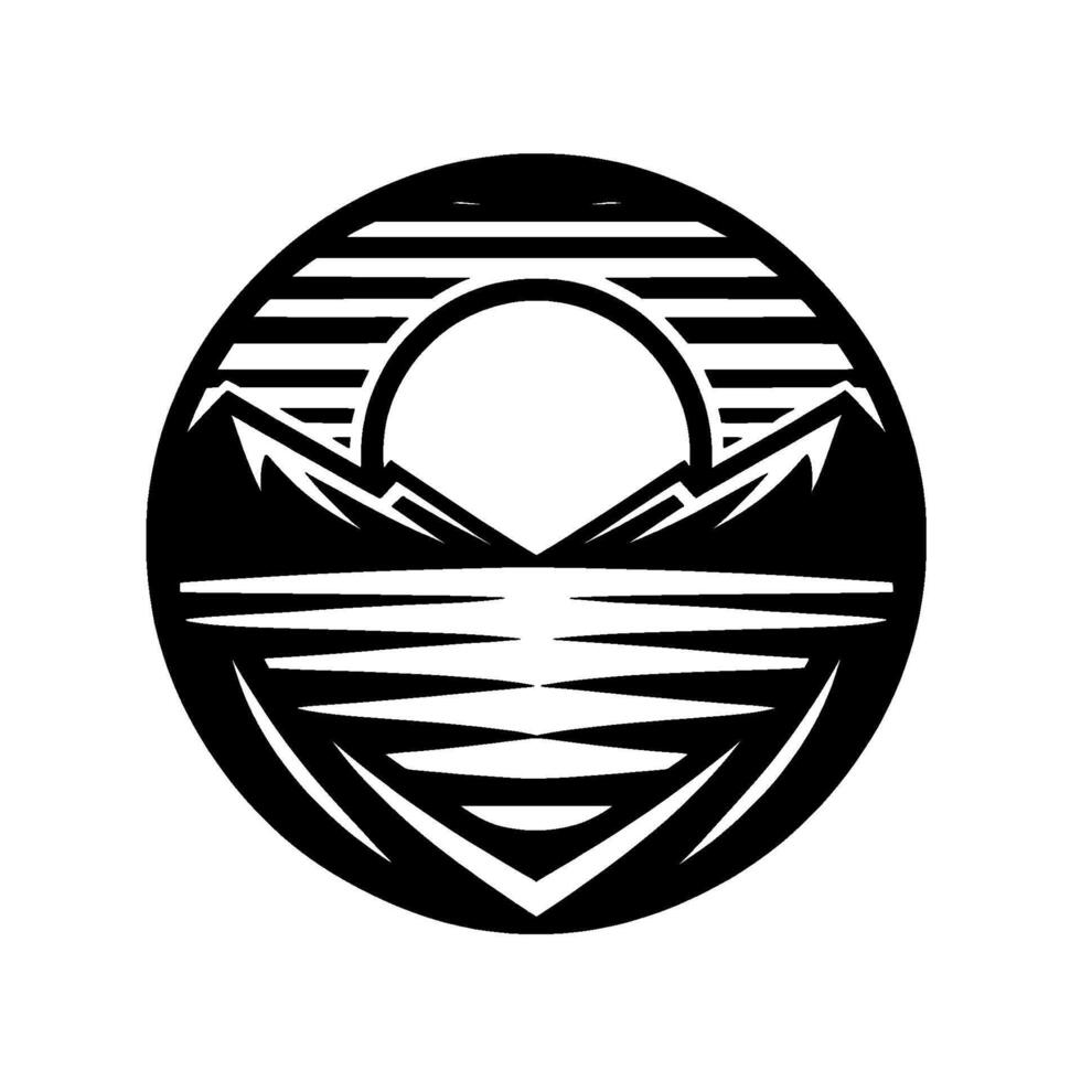 Black and White Silhouette Mountain Landscape with Sun and Water within a Circular Frame, Clean, Minimalist, and . vector