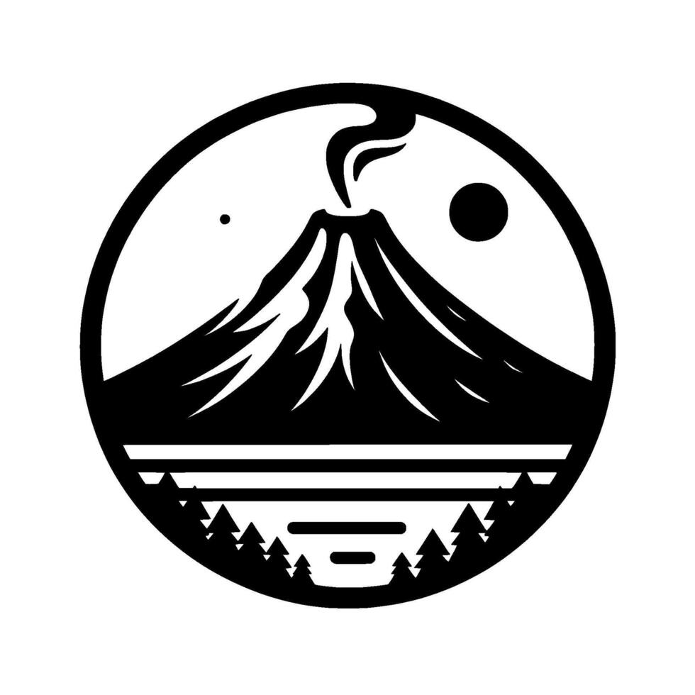 Stylized black and white volcanic landscape emblem within a circular frame, featuring a smoking volcano, celestial bodies, and a forest. vector