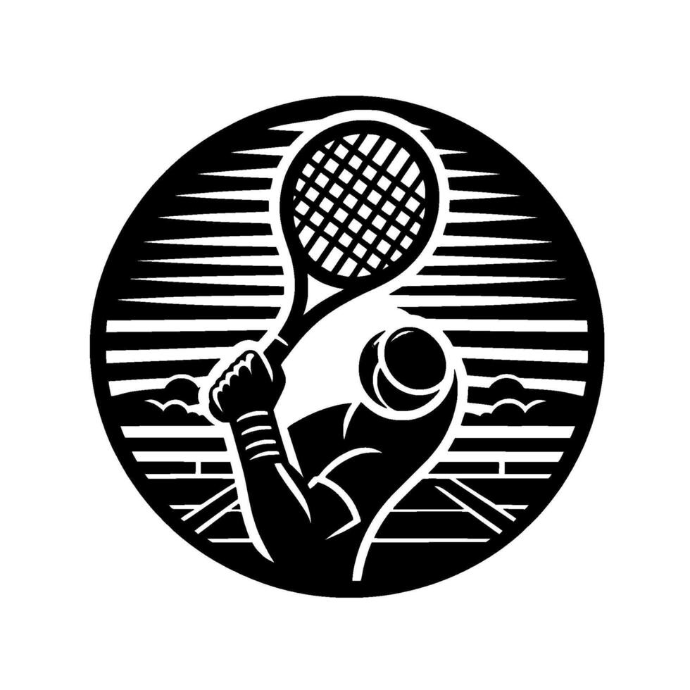 Black and White Tennis Emblem Muscular Arm Holding Racket with Ball Inside a Circular Frame, Showing Court vector