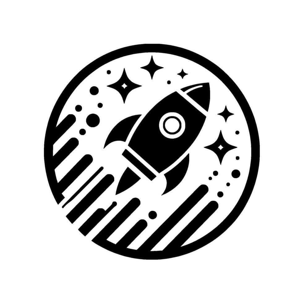 Black and White Rocket Ship Launching in Space Within a Circular Frame with Stars and Streak Effects vector