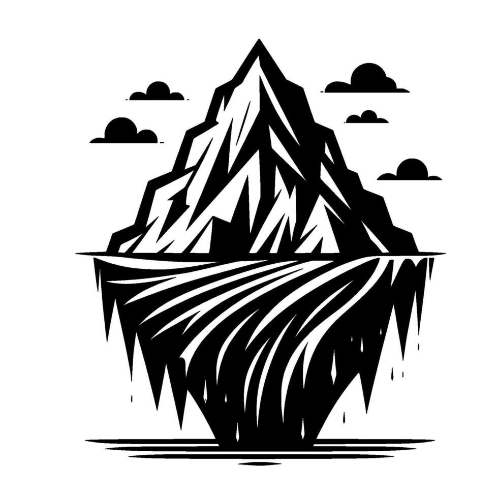 Stylized Black and White Illustration of a Mountainous Iceberg with Reflected Lower Half, Clouds Above, and Dripping Elements. vector