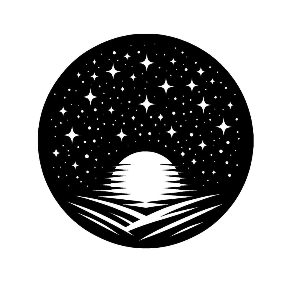 Black and white stylized illustration within a circle featuring a starry night sky above a geometric sunrise over a minimalist landscape. vector