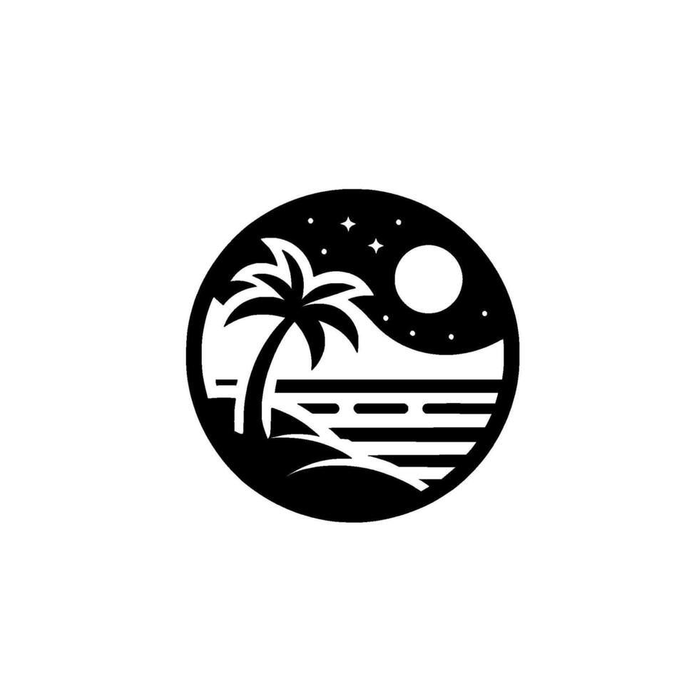Minimalist Black White Circular Emblem Night Beach Scene with Palm Tree, Moon, and Stars. vector