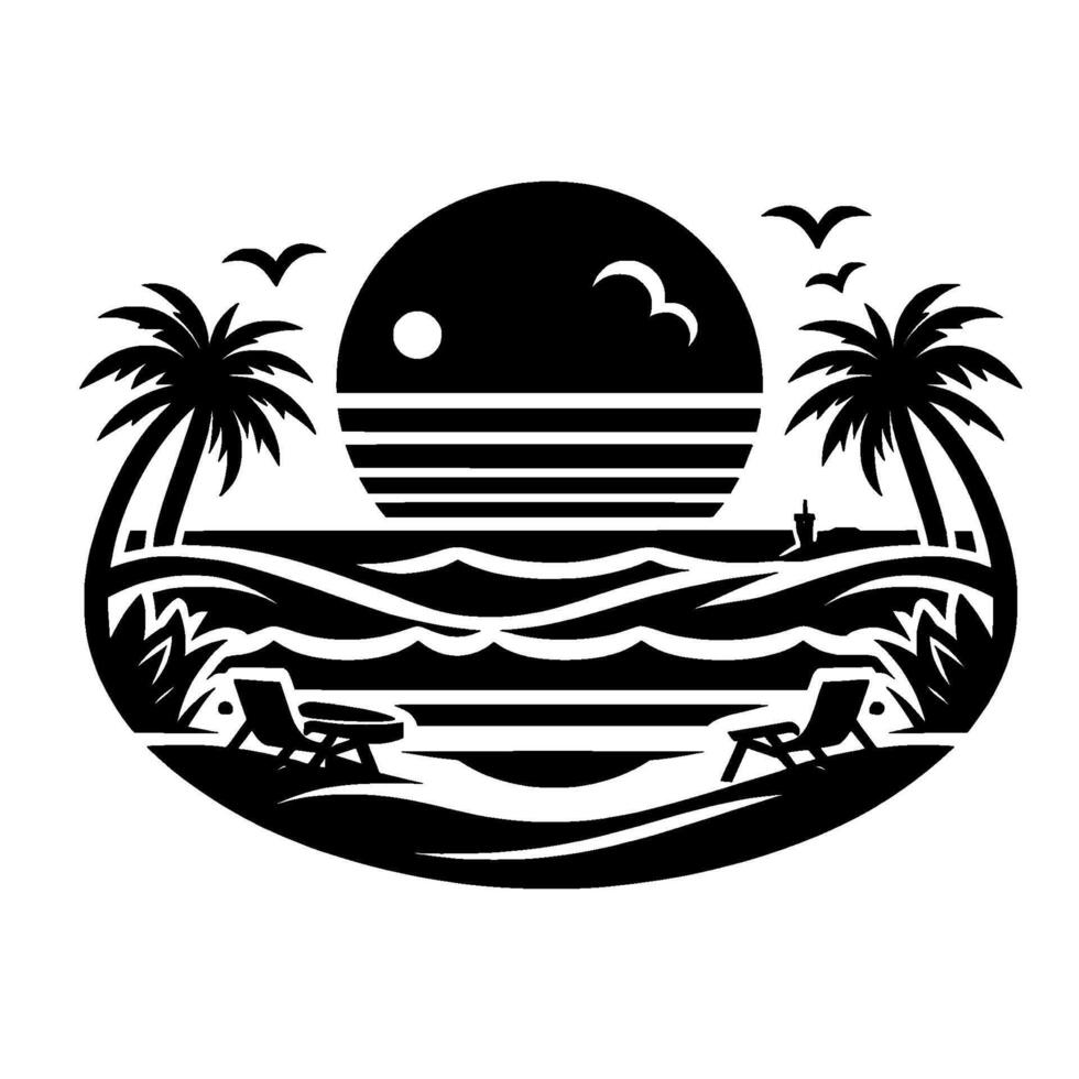 Black and white stylized beach scene silhouette, featuring a setting sun over the ocean, palm trees, chairs, birds, and waves. vector