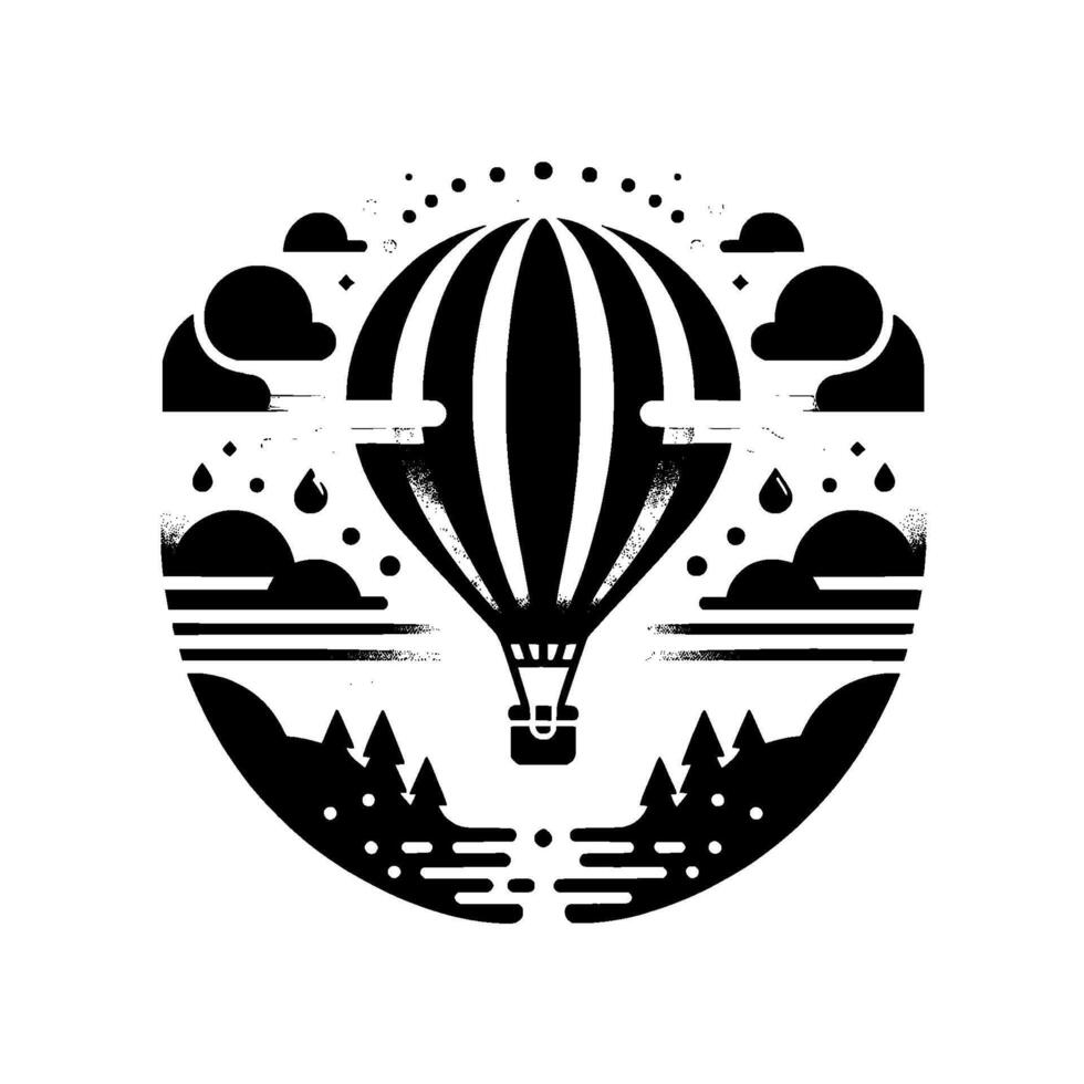 Black and white minimalist circular illustration of a striped hot air balloon over a lake and forests, amidst clouds and raindrops. vector