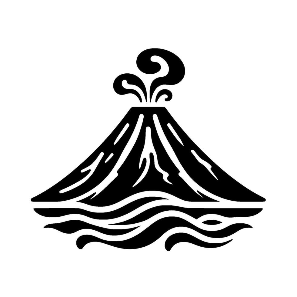 Stylized Black and White Volcano Erupting Smoke Over Waves Minimalist Silhouette . vector