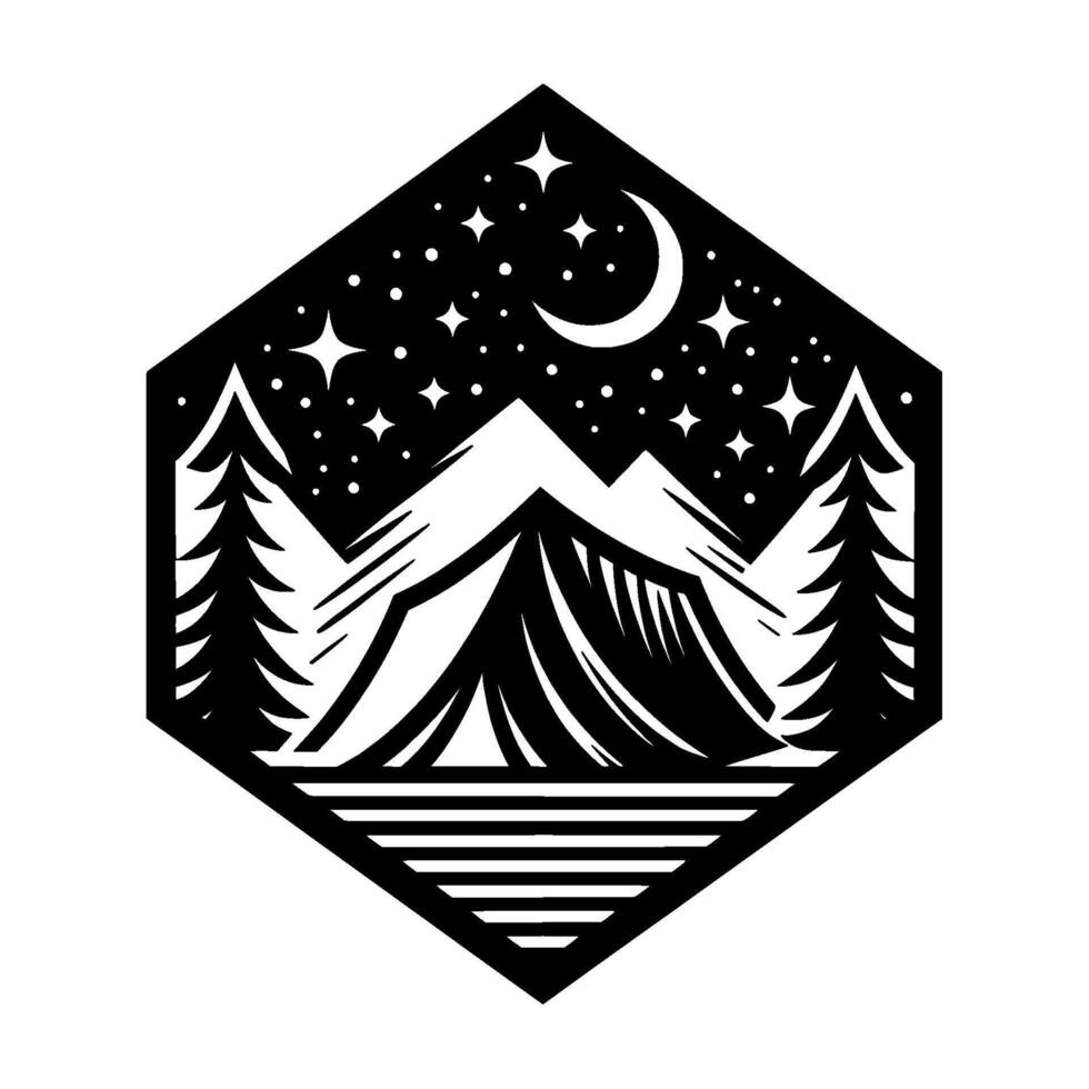 Black and white hexagon camping tent silhouette under a starry night sky with crescent moon and fir trees. vector
