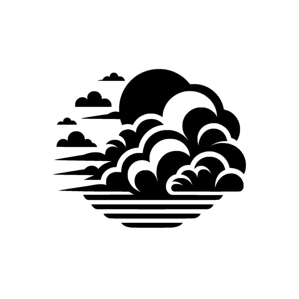 Stylized Black and White Cloudscape Featuring Sun, Horizon, and Abstract Cloud Shapes, Minimalist vector