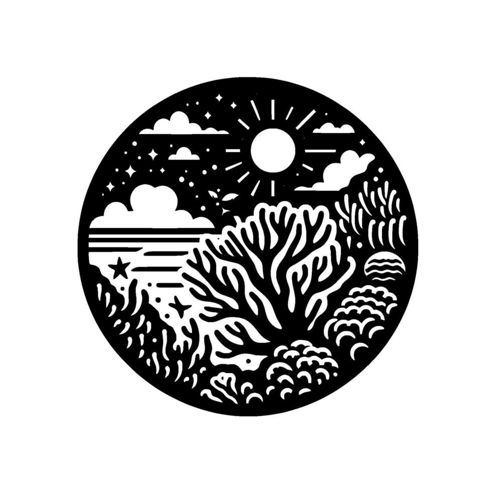 A circular, black and white illustration of a seaside landscape featuring a coral reef, night sky, and ocean view. vector
