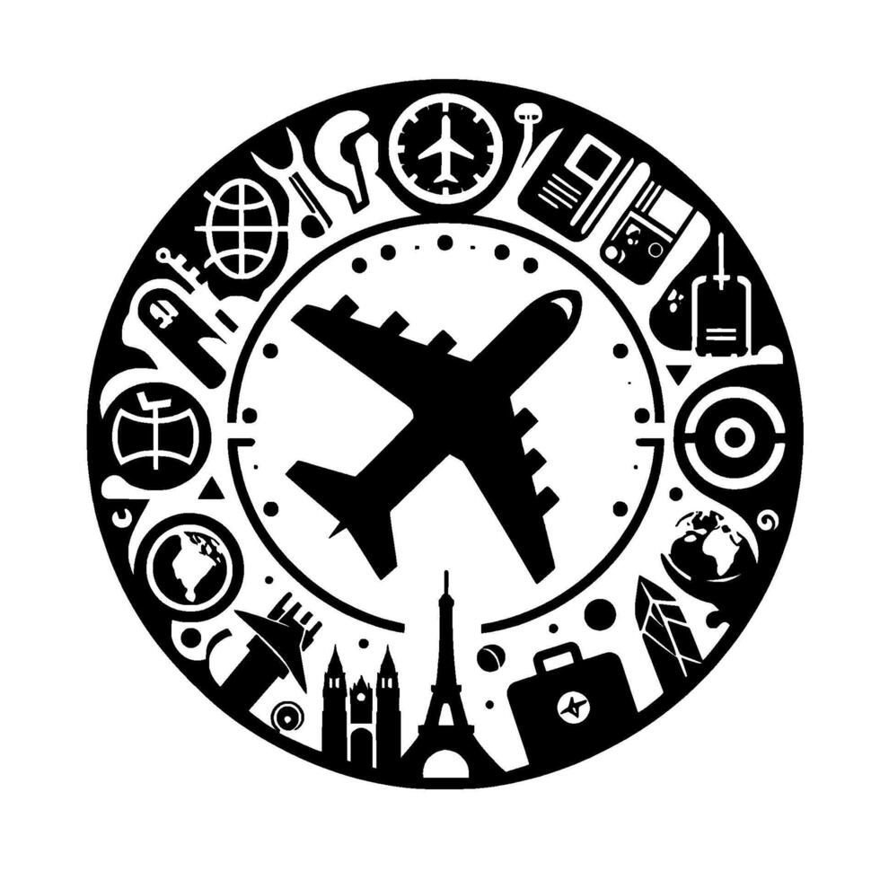 Circular black and white travelthemed featuring an airplane, landmarks, and travel icons, symbolizing global exploration and adventure. vector