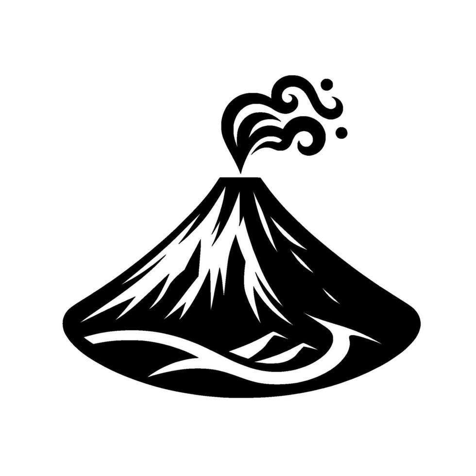 Minimalist black and white volcanic eruption silhouette, stylized mountains, swirling smoke, modern illustration. vector