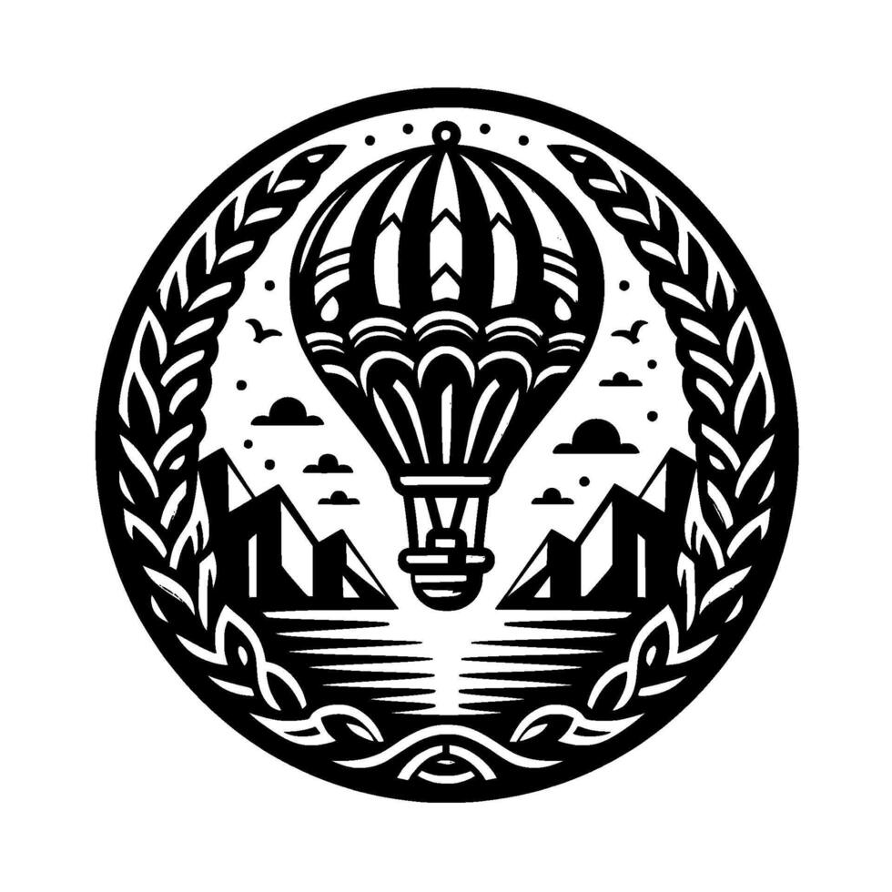 A stylized black and white circular emblem featuring a hot air balloon rising above mountains and a lake, framed by a laurel wreath. vector