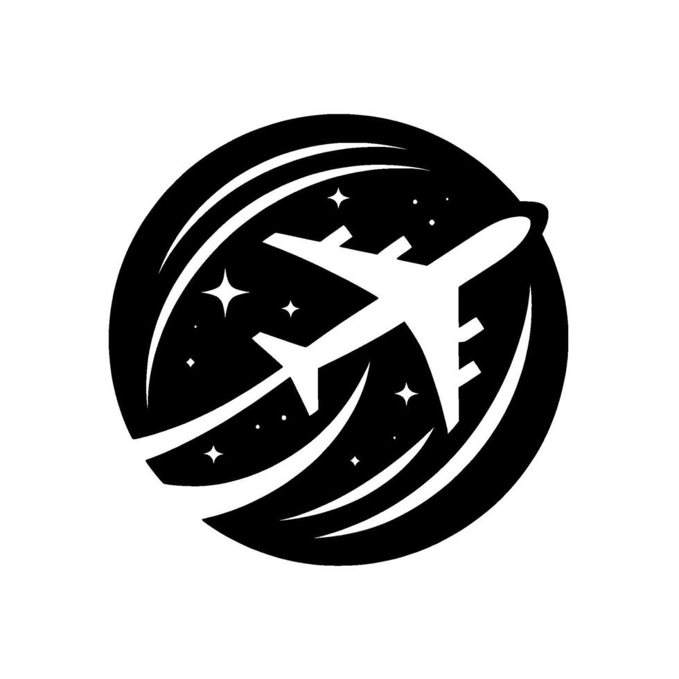 Minimalist black and white features a stylized airplane soaring through a celestial sphere amidst stars and curved lines. vector