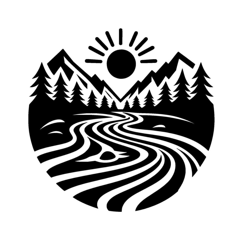 Black and White Circular Nature Scene Mountains, River, Sun, and Pine Trees vector