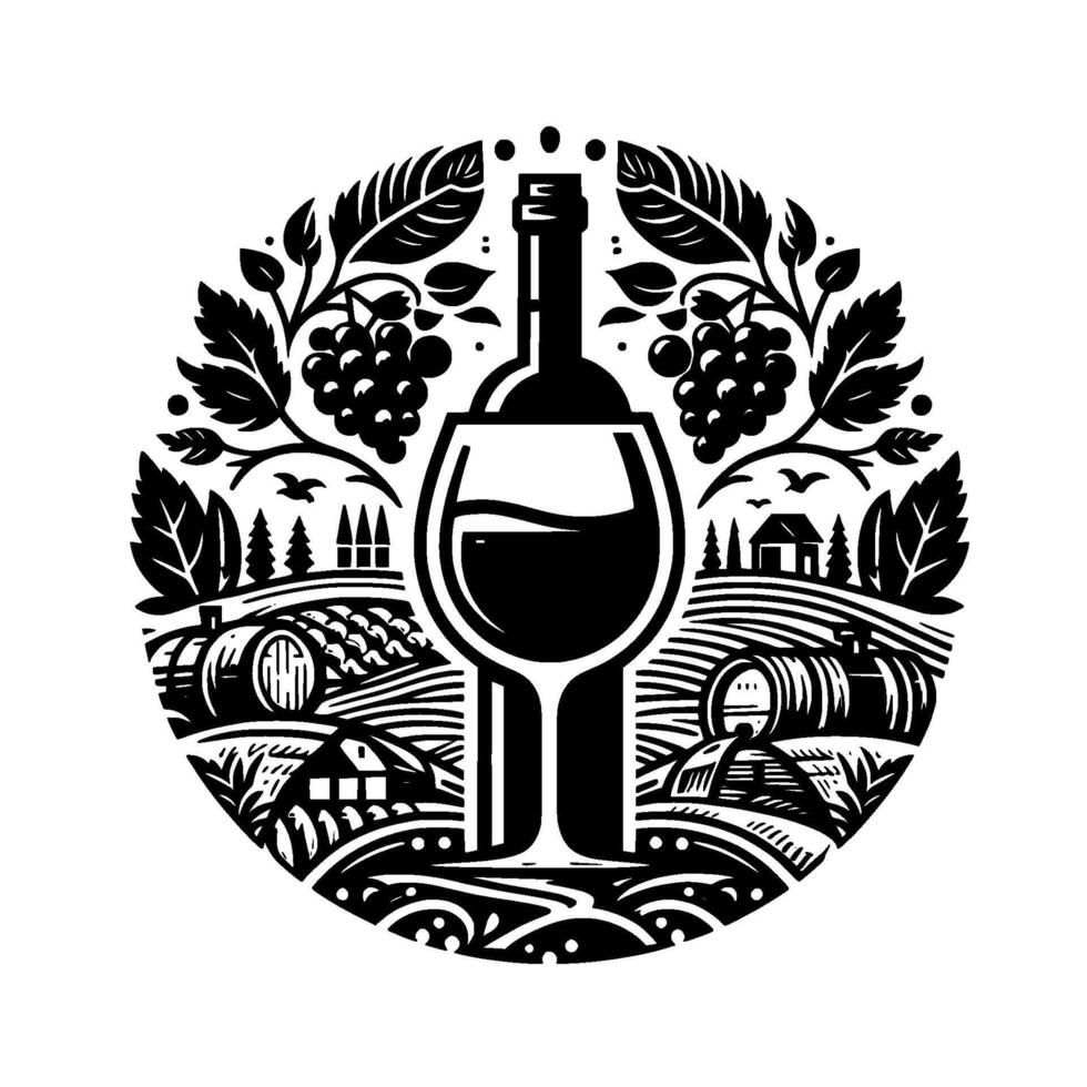 Circular Illustration A Wine Bottle Glass Centered Over a Vineyard Landscape with Grapes and Foliage. vector