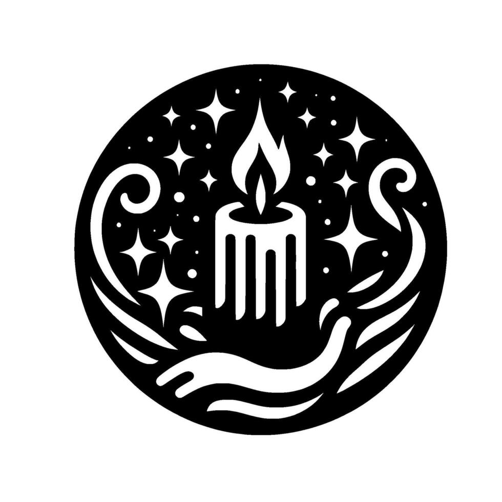 Intricate Black Circle Glowing White Candle, Flame, Stars, Swirls, and Magical Embrace. vector