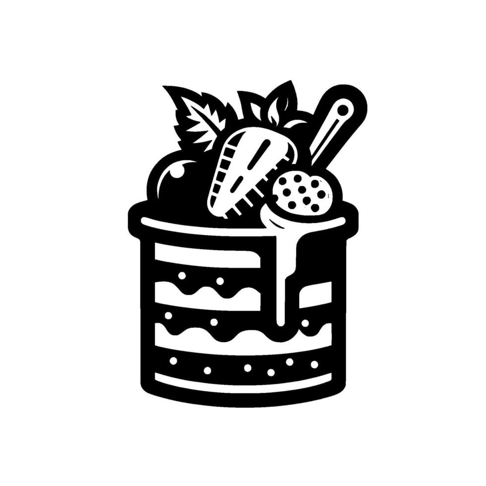 Stylized Black and White Cake Illustration, Decorated with Strawberry, Cherries, and Mint, with a Spoon, Dessert . vector