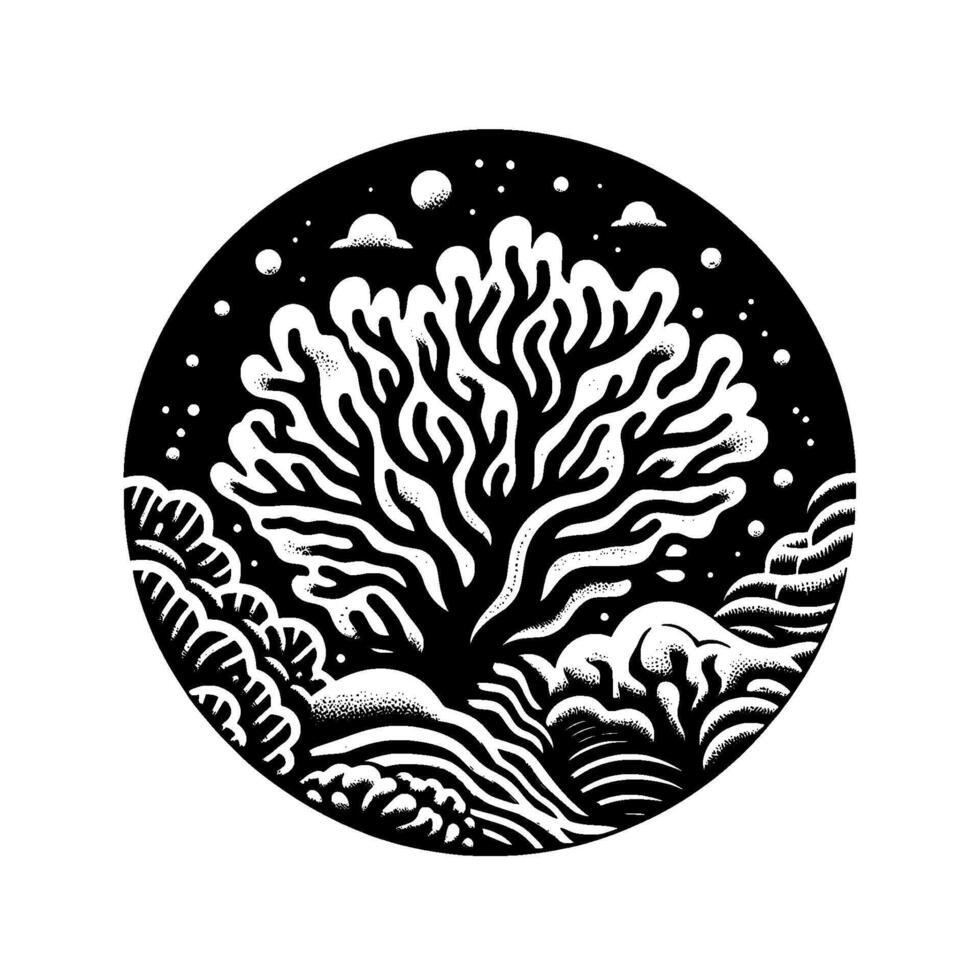 Stylized Black and White Illustration of a Detailed Tree and Landscape Inside a Circular Frame with Clouds and Dots. vector
