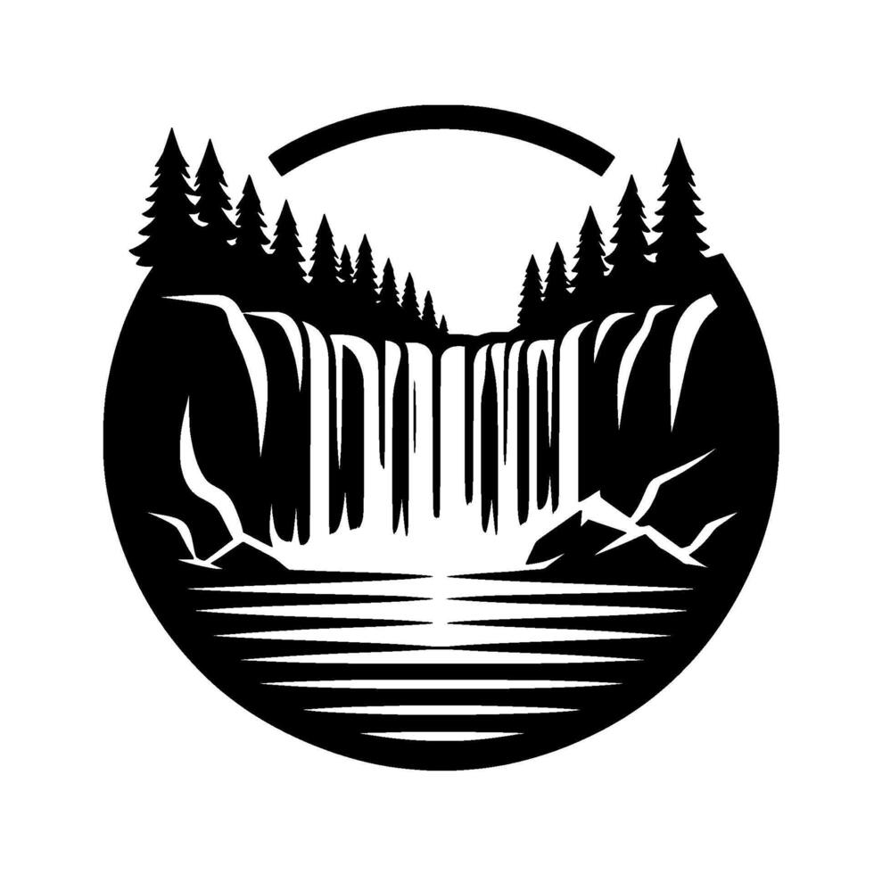 Circular Black and White Illustration of a Waterfall Scene with Pine Trees, Rocks, and a Tranquil Lake, Art Style. vector