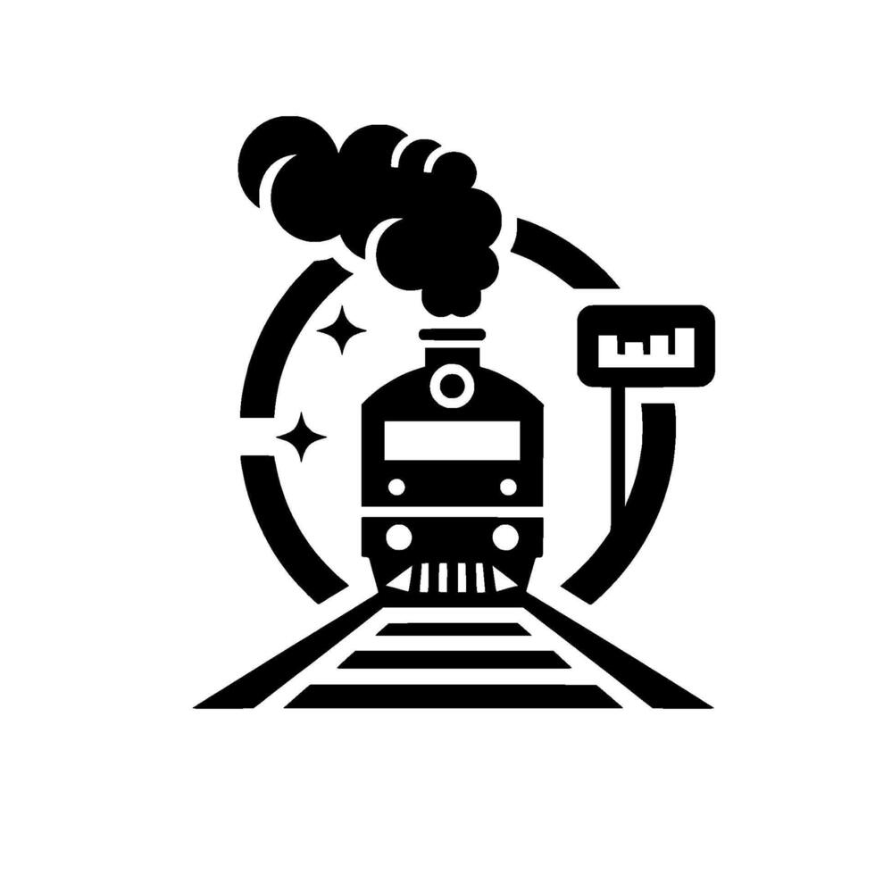 Monochrome steam train within a circle, with star details and station sign, set on tracks, symbolic . vector