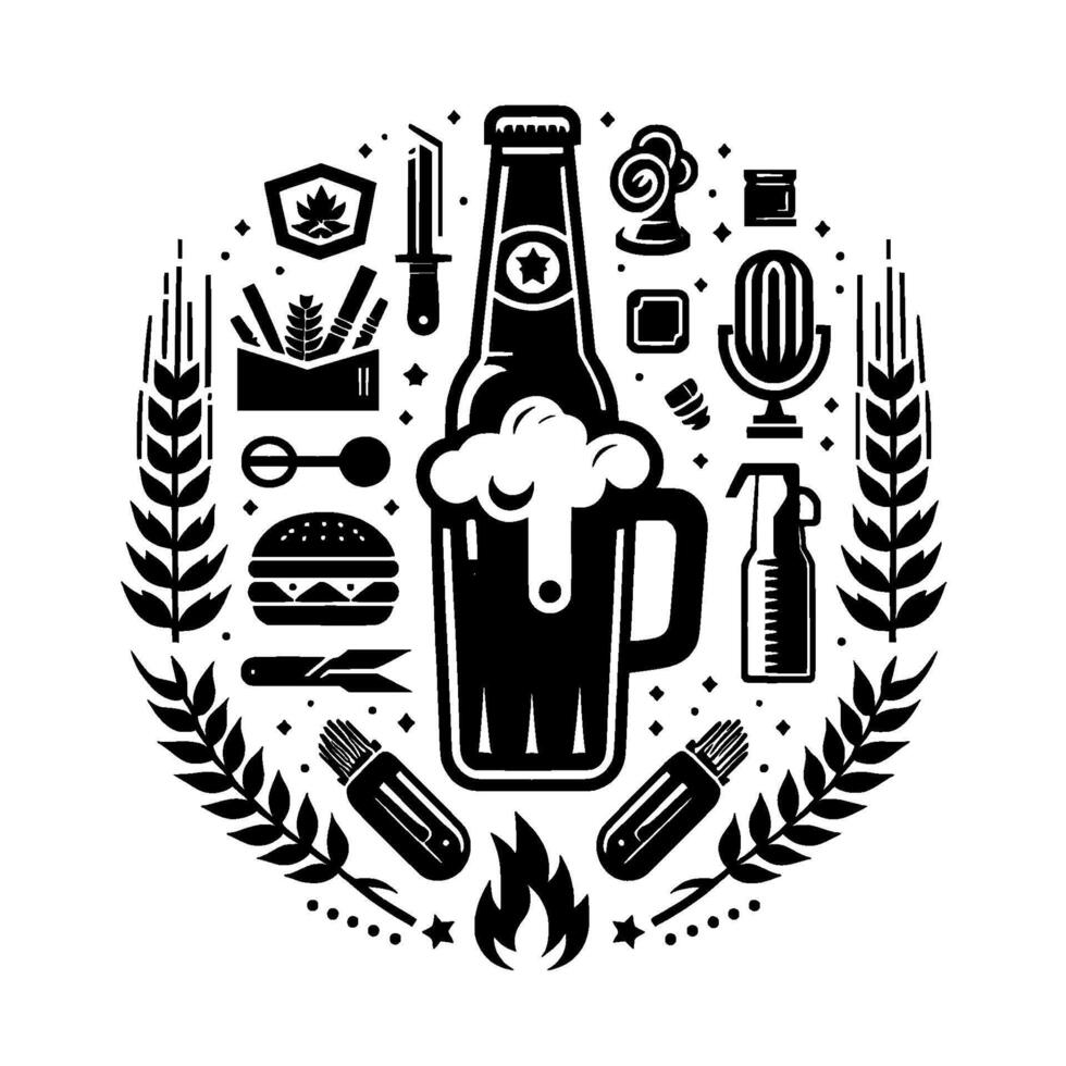 Black and White Illustration of Beer, Food, and Entertainment Elements Arranged in a Circular . vector