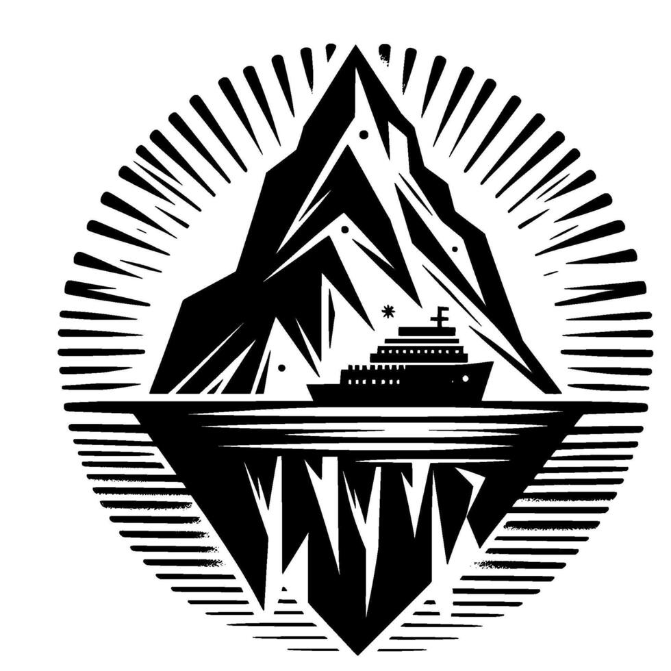 Stylized Black and White Circular Depicting a Cruise Ship Sailing Near a Mountain and an Iceberg. vector