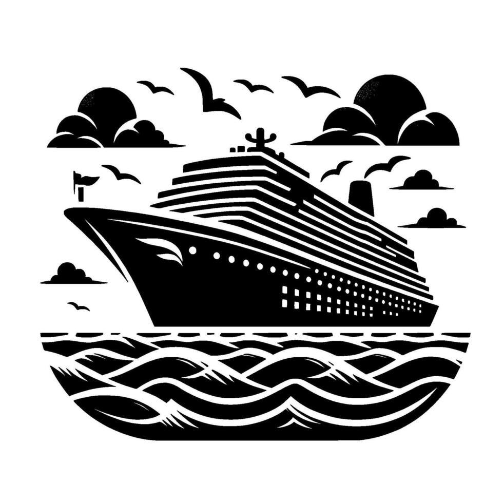 Silhouetted Black White Cruise Ship Sailing the Ocean Under a Cloudy Sky with Soaring Seagulls, Minimalist . vector