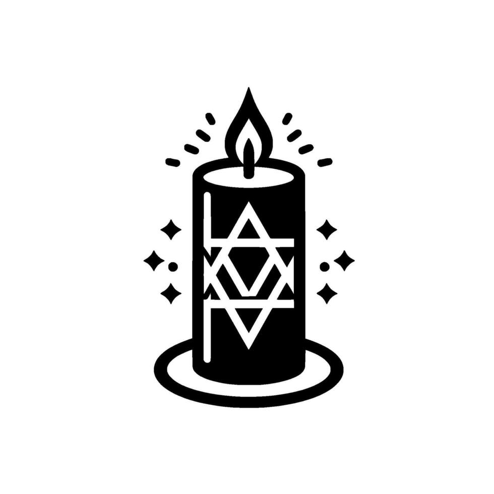 A minimalist black and white illustration depicting a lit candle with the Star of David, surrounded by sparkling effects, on a white background. vector