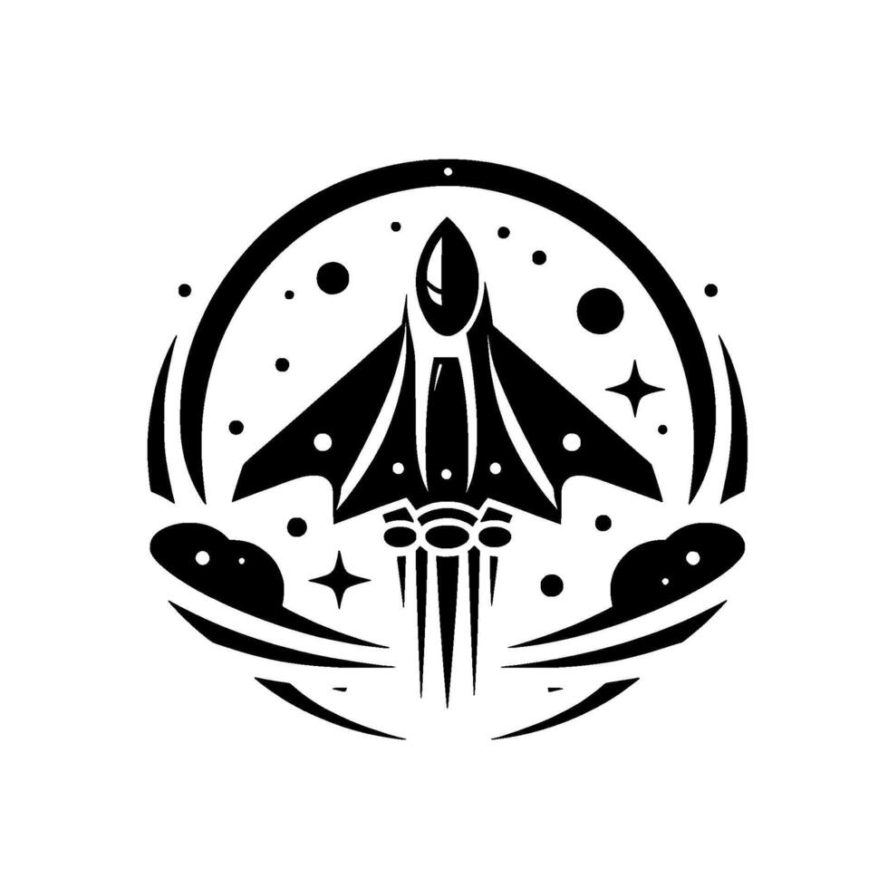 Stylized black and white depicting a rocket ship ascending through a circle with stars, clouds, and space debris. vector