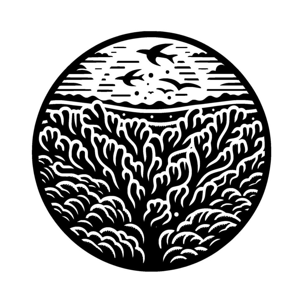Black and White Circular Illustration Stylized Coral Reef with Flying Birds Above Sea and Clouds, Minimalist Art. vector