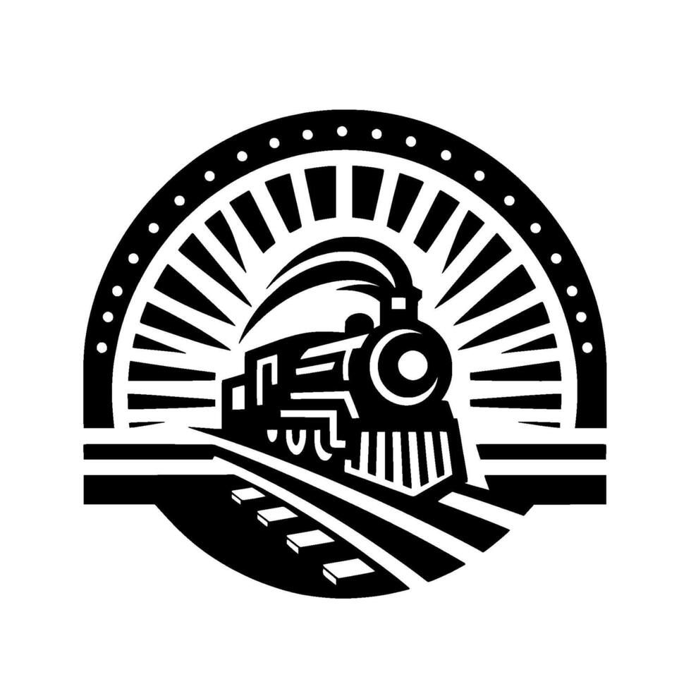 Bold, Black and White Steam Train Crest on Rails, Framed by a Sunburst Arc, Emblem of Industry and Travel vector
