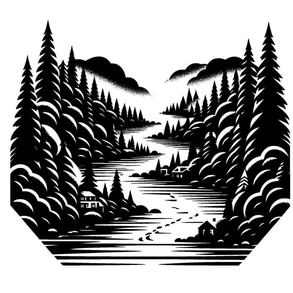 A stylized black and white landscape illustration of a river valley, with coniferous forests, cottages, and a serene atmosphere, suggestive of a hiking path. vector