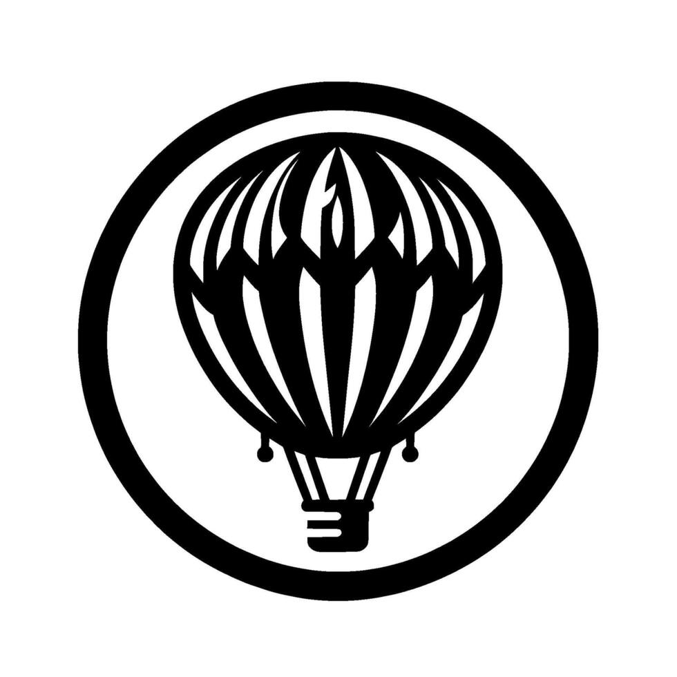 Silhouette of a hot air balloon with striped , encased in a black circular frame on white background, evoking simple elegance. vector