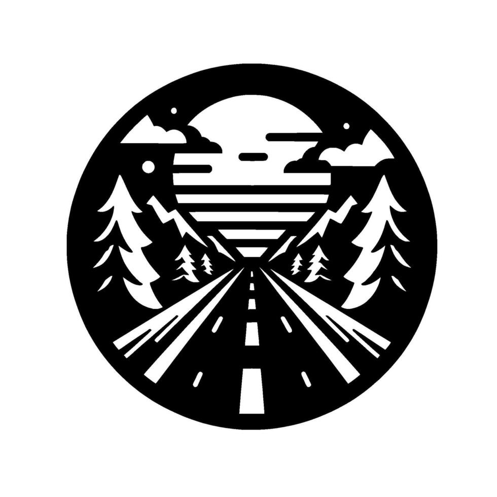 Monochromatic circular illustration of a road leading to a stylized sunset between mountains and pine trees, with a minimalist aesthetic. vector