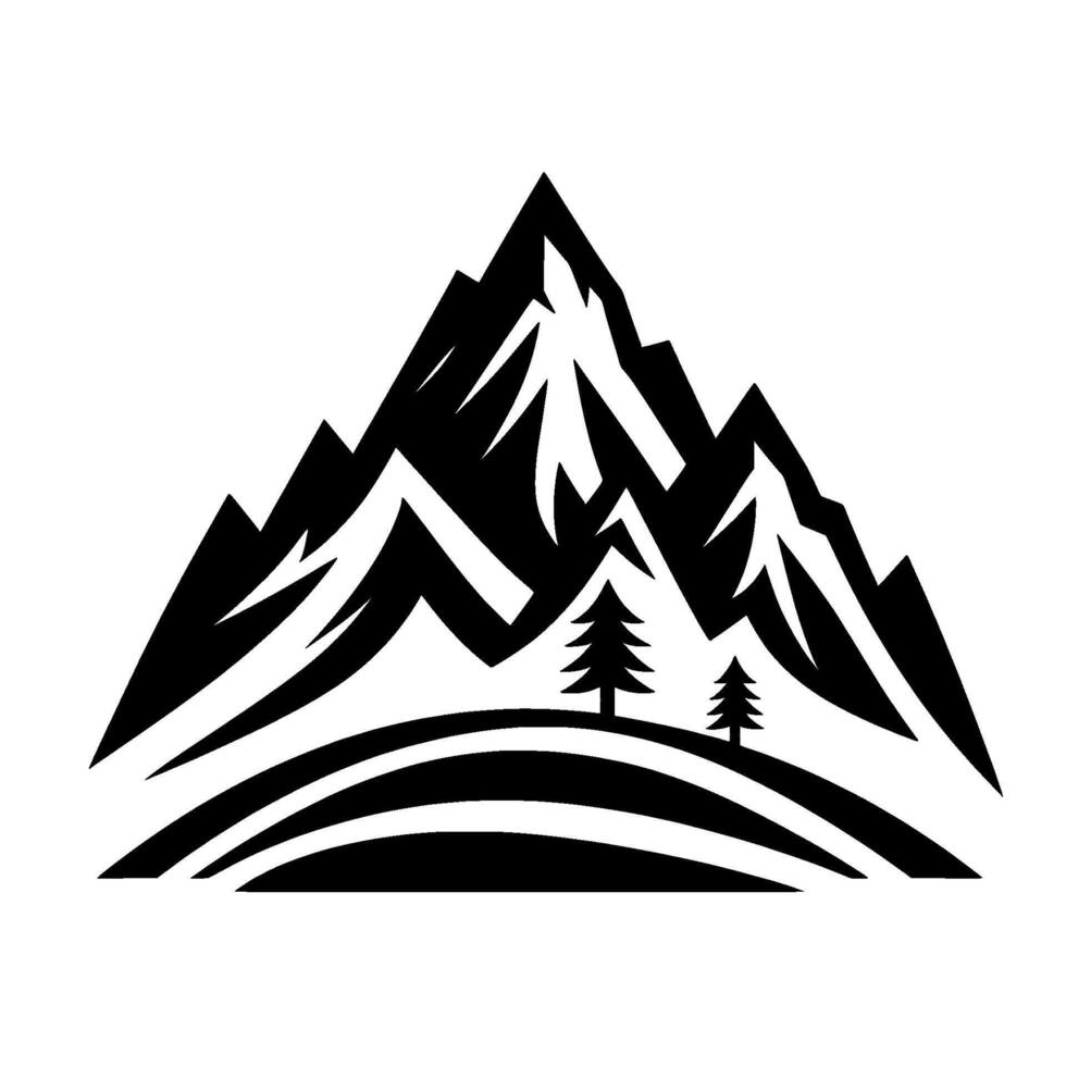 Abstract Black and White Mountain Landscape Featuring Peaks, Evergreen Trees, and Terrain in a Simple Minimalist Style on a White Backdrop. vector